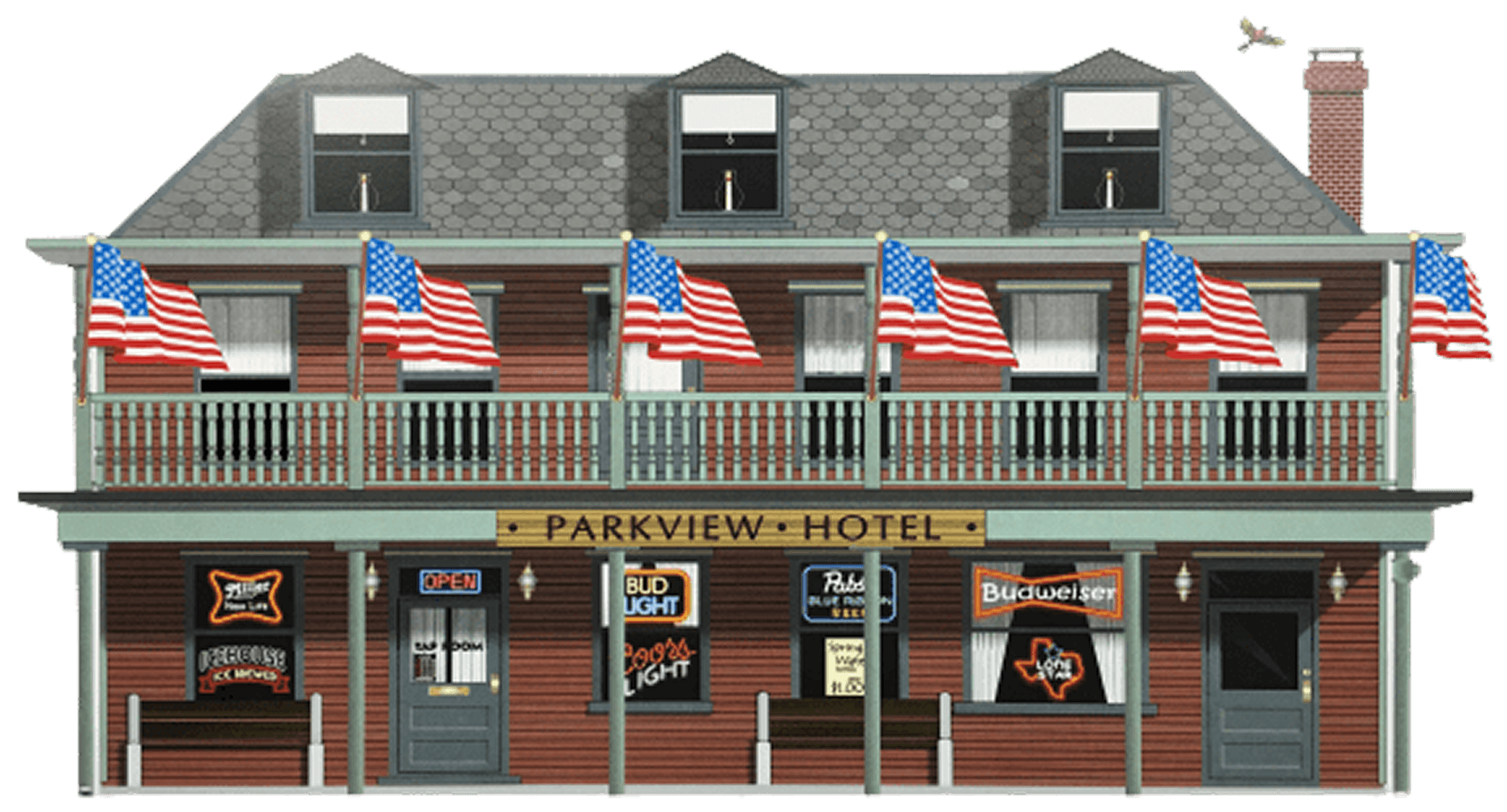 Historic hotel exterior with American flags