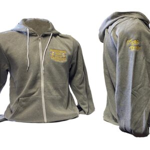 Gray zip-up hoodie with embroidered logo