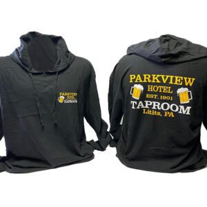 Taproom hoodie featuring beer mugs graphic